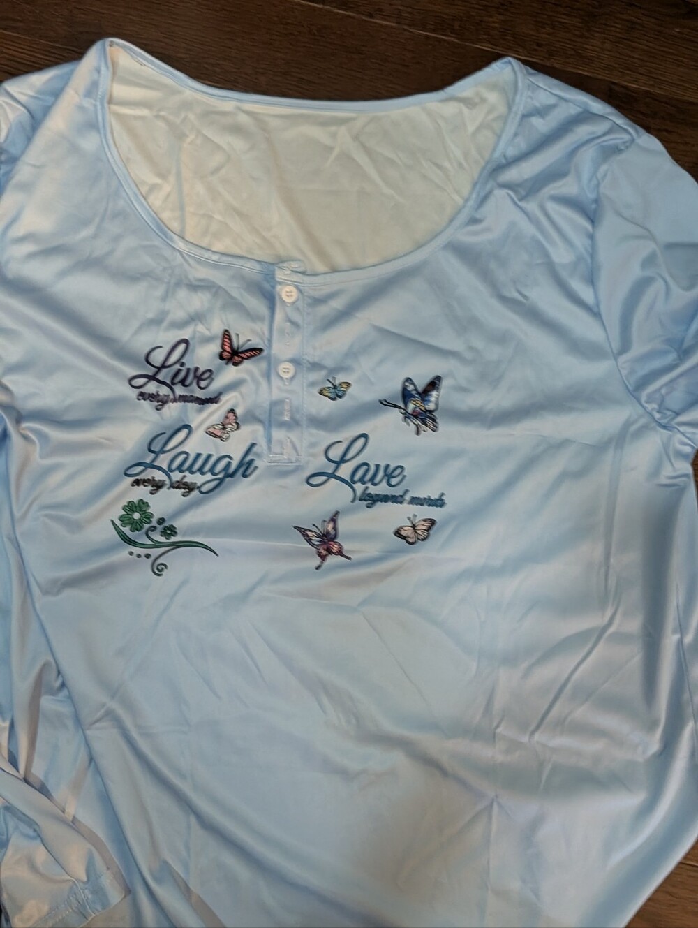 Light Blue Women's Long-Sleeve Top with Butterfly "Live Laugh Love"